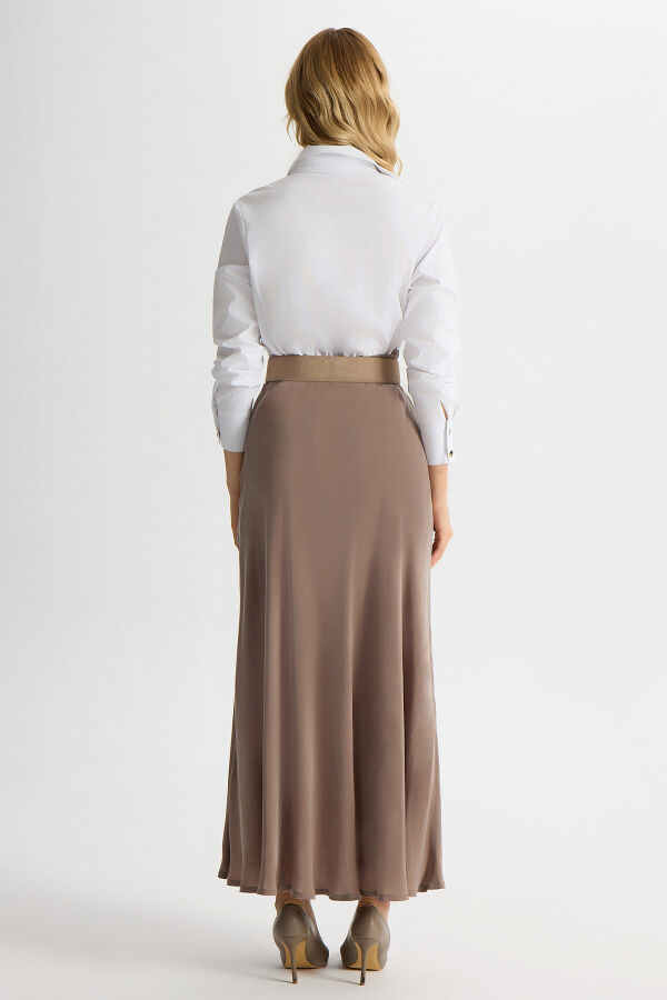 Verev Kesim Cupro Etek Kahverengi Pudra - 4