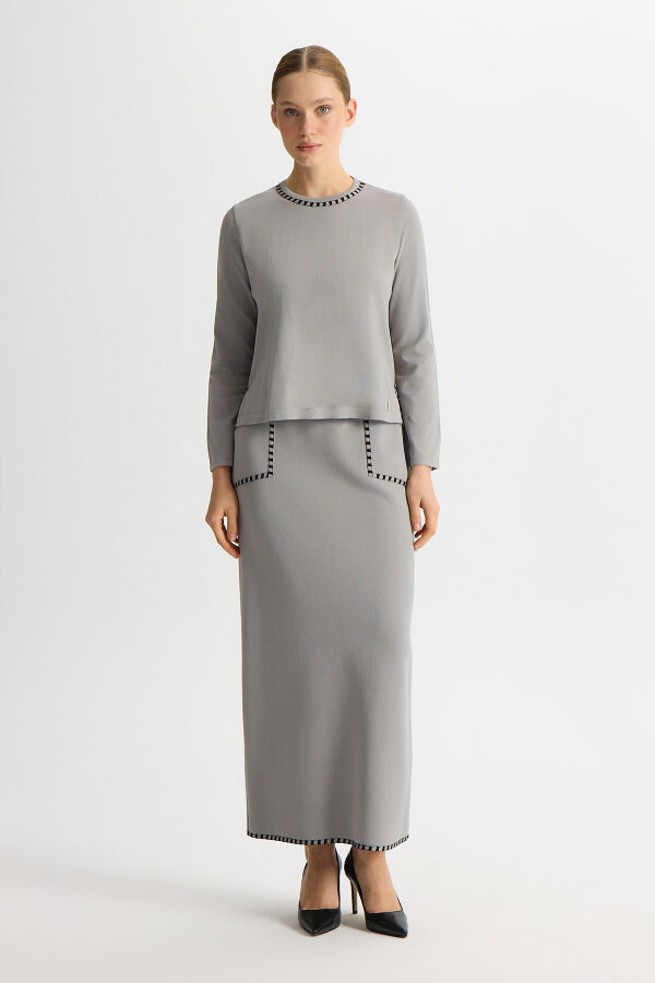 Tiktak Detalı Kalem Etek Gri - 1