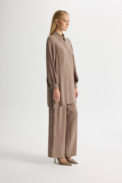 Nakış Detaylı Cupro Gömlek Kahverengi Pudra - 3