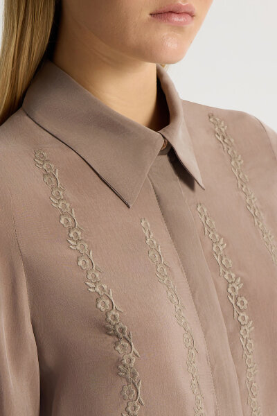 Nakış Detaylı Cupro Gömlek Kahverengi Pudra - 4