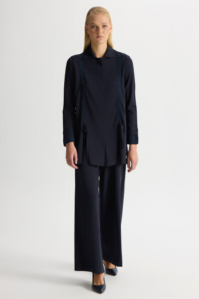 Büzgü Detaylı Triko Gömlek Dark Navy - 3