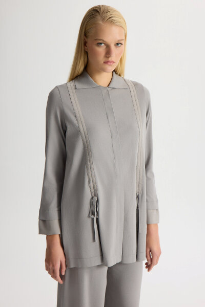 Büzgü Detaylı Triko Gömlek Gri - MISS DALIDA