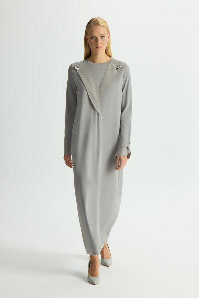 Yaka ve Bilek Detaylı Triko Elbise Gri - MISS DALIDA