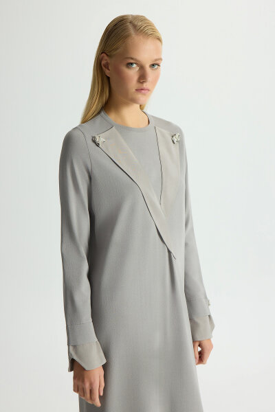 Yaka ve Bilek Detaylı Triko Elbise Gri - 2