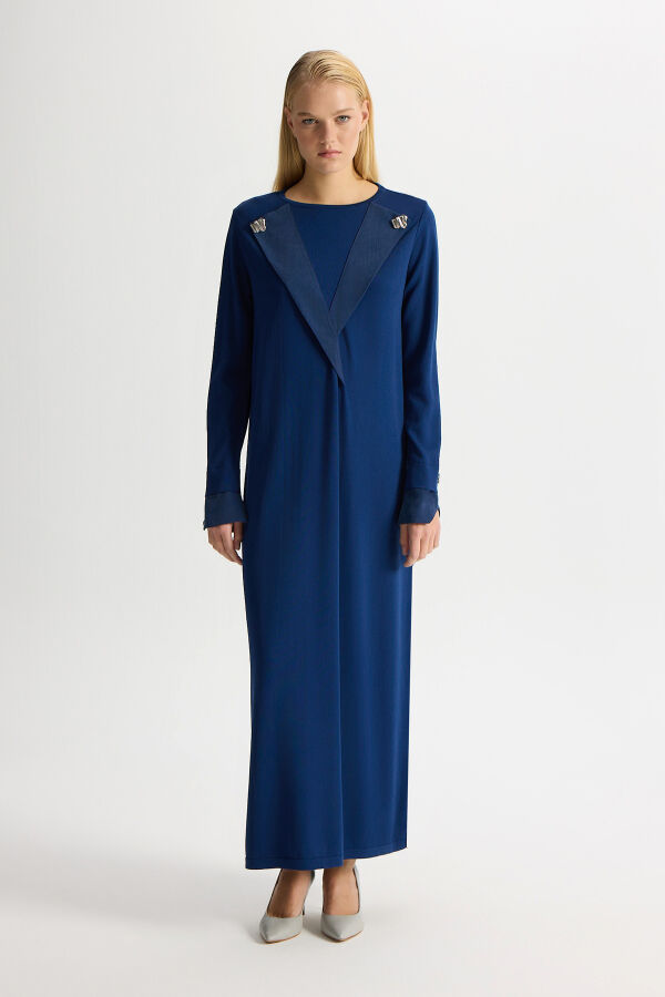 Yaka ve Bilek Detaylı Triko Elbise Dark Navy - 1