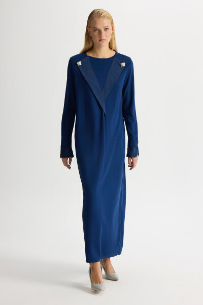 Yaka ve Bilek Detaylı Triko Elbise Dark Navy - 3