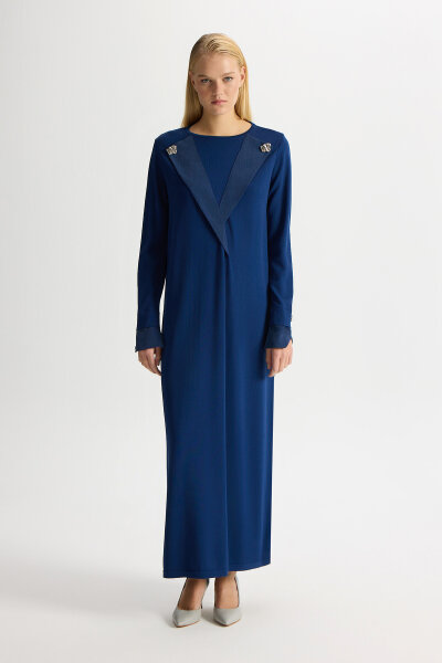 Yaka ve Bilek Detaylı Triko Elbise Dark Navy - 1