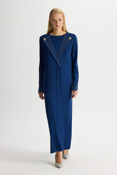 Yaka ve Bilek Detaylı Triko Elbise Dark Navy - 2