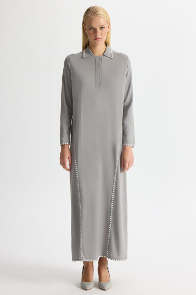 Tiktak Detaylı Gömlek Yaka Triko Elbise Gri 