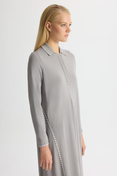 Tiktak Detaylı Gömlek Yaka Triko Elbise Gri - 2