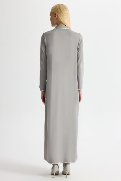 Tiktak Detaylı Gömlek Yaka Triko Elbise Gri - 3
