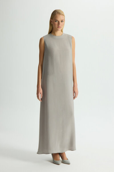 Düz Renk Kolsuz Cupro Elbise Gri - MISS DALIDA