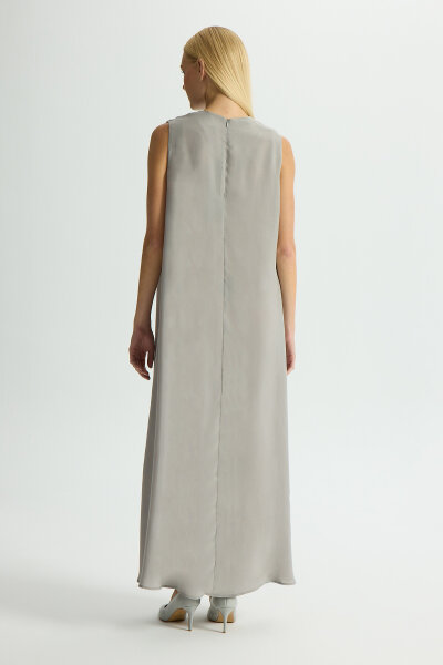 Düz Renk Kolsuz Cupro Elbise Gri - 3