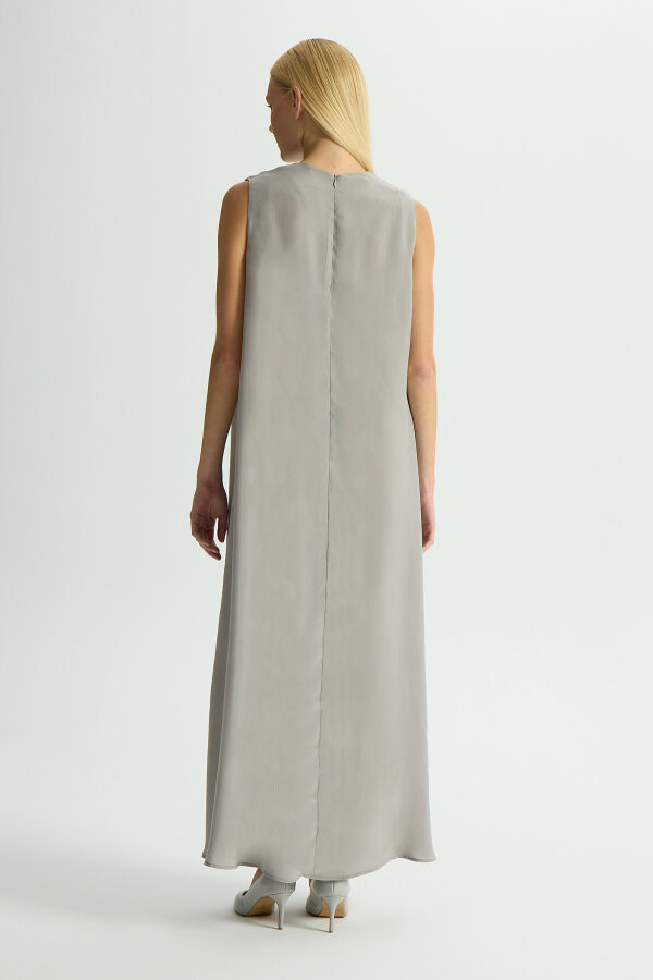 Düz Renk Kolsuz Cupro Elbise Gri - 3