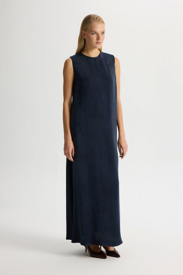 Düz Renk Kolsuz Cupro Elbise Dark Navy - 1