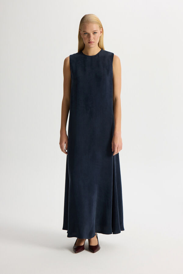 Düz Renk Kolsuz Cupro Elbise Dark Navy - 3