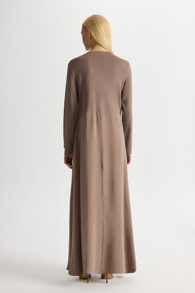 Plise Detaylı Düz Renk Cupro Elbise Kahverengi Pudra - 4