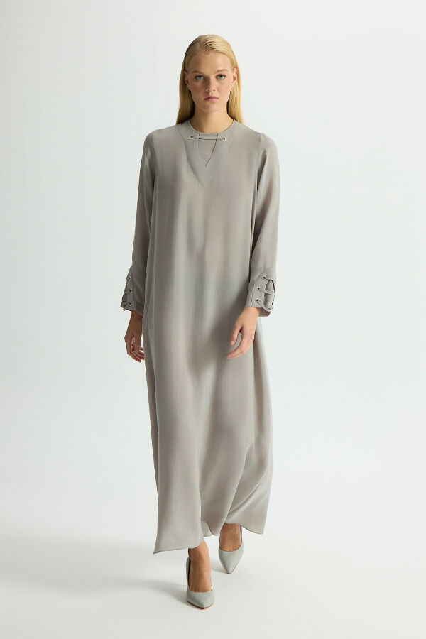 Kuş Gözü Detaylı Cupro Elbise Gri - 1