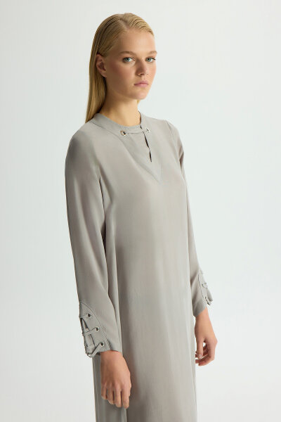 Kuş Gözü Detaylı Cupro Elbise Gri - 2