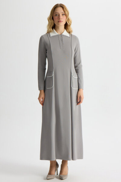 Gömlek Yaka Cep Detaylı Triko Elbise Gri 