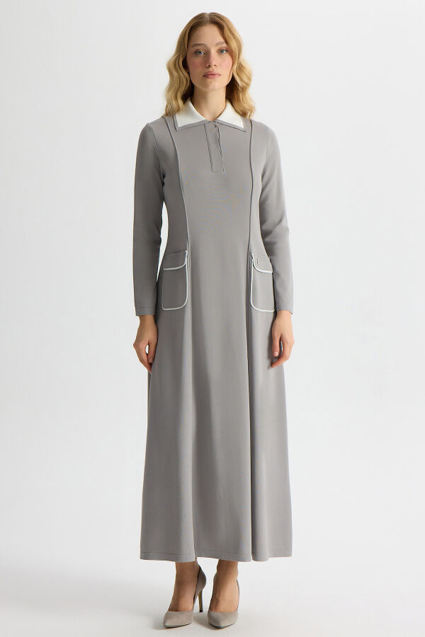 Gömlek Yaka Cep Detaylı Triko Elbise Gri - 1