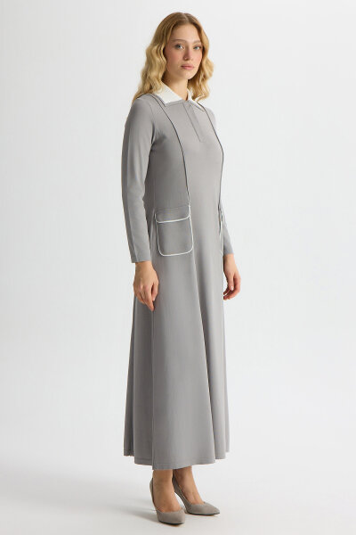 Gömlek Yaka Cep Detaylı Triko Elbise Gri - 2