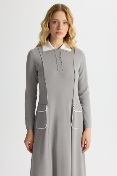 Gömlek Yaka Cep Detaylı Triko Elbise Gri - 3