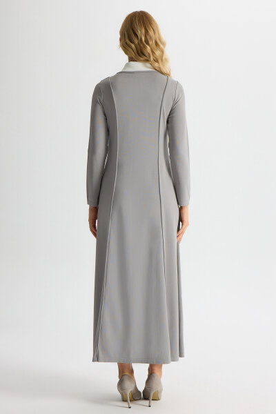 Gömlek Yaka Cep Detaylı Triko Elbise Gri - 4
