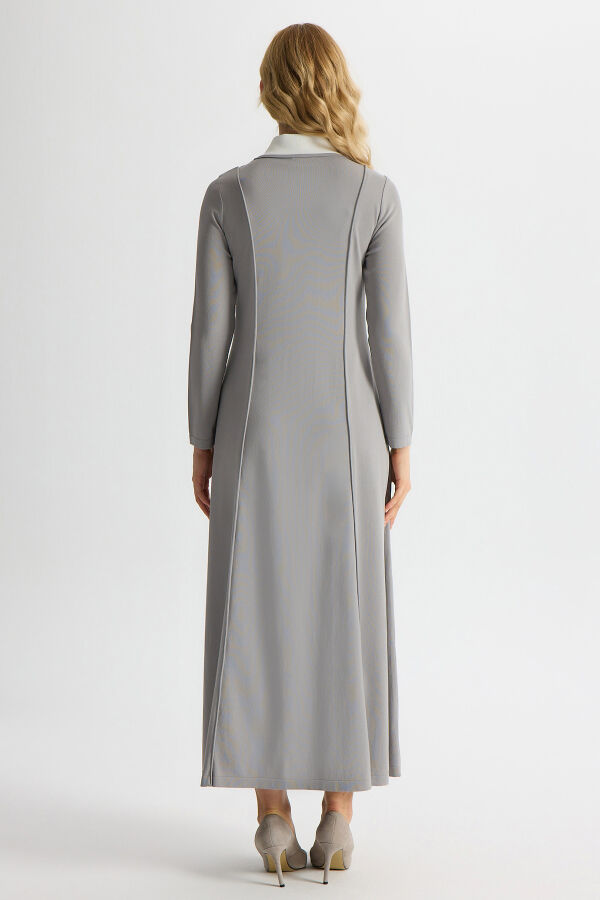 Gömlek Yaka Cep Detaylı Triko Elbise Gri - 4