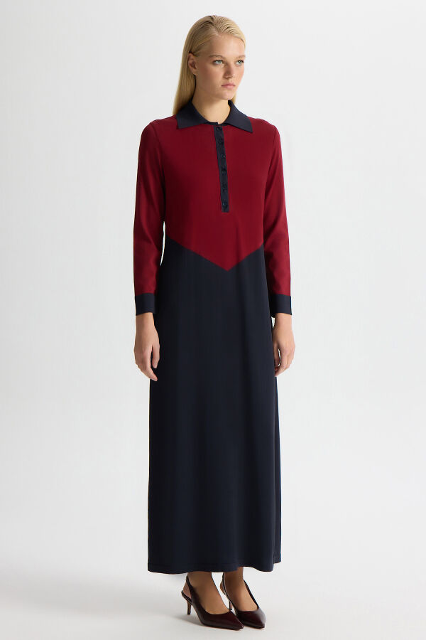 Renk Bloklu Gömlek Yaka Triko Elbise Dark Navy - 1