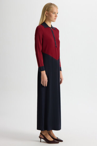 Renk Bloklu Gömlek Yaka Triko Elbise Dark Navy - 2