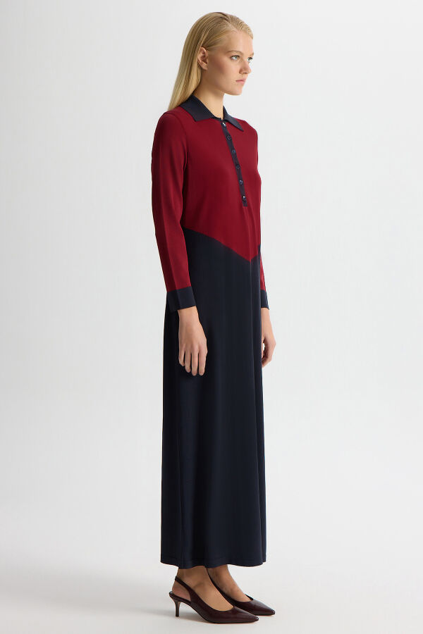 Renk Bloklu Gömlek Yaka Triko Elbise Dark Navy - 2