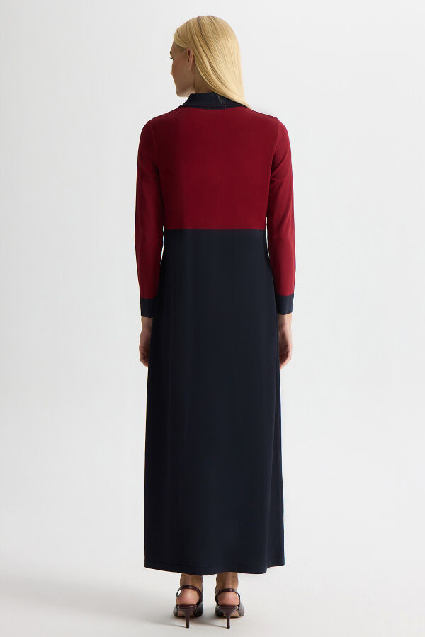 Renk Bloklu Gömlek Yaka Triko Elbise Dark Navy - 3