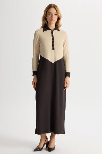 Renk Bloklu Gömlek Yaka Triko Elbise Kahverengi Pudra - 1