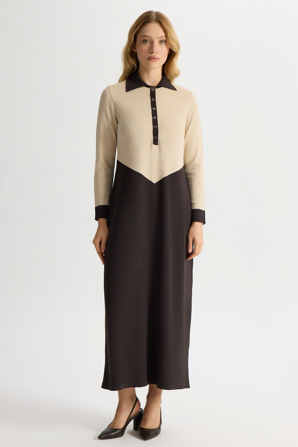 Renk Bloklu Gömlek Yaka Triko Elbise Kahverengi Pudra - 1