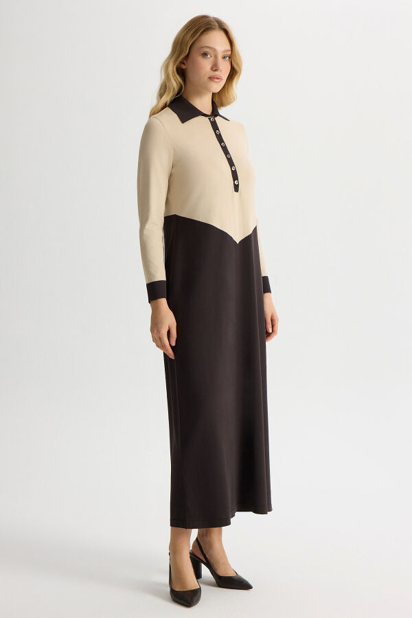 Renk Bloklu Gömlek Yaka Triko Elbise Kahverengi Pudra - 2