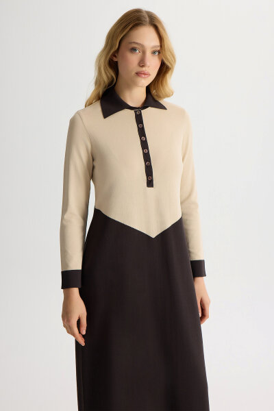 Renk Bloklu Gömlek Yaka Triko Elbise Kahverengi Pudra - 3