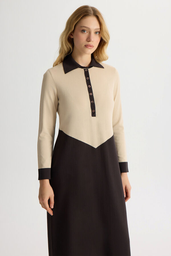 Renk Bloklu Gömlek Yaka Triko Elbise Kahverengi Pudra - 3