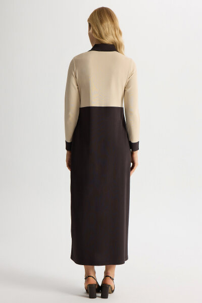 Renk Bloklu Gömlek Yaka Triko Elbise Kahverengi Pudra - 4