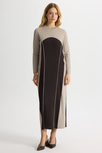 Renk Bloklu Yuvarlak Yaka Triko Elbise Kahverengi Pudra - MISS DALIDA