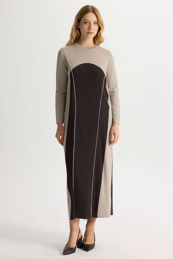 Renk Bloklu Yuvarlak Yaka Triko Elbise Kahverengi Pudra - 1