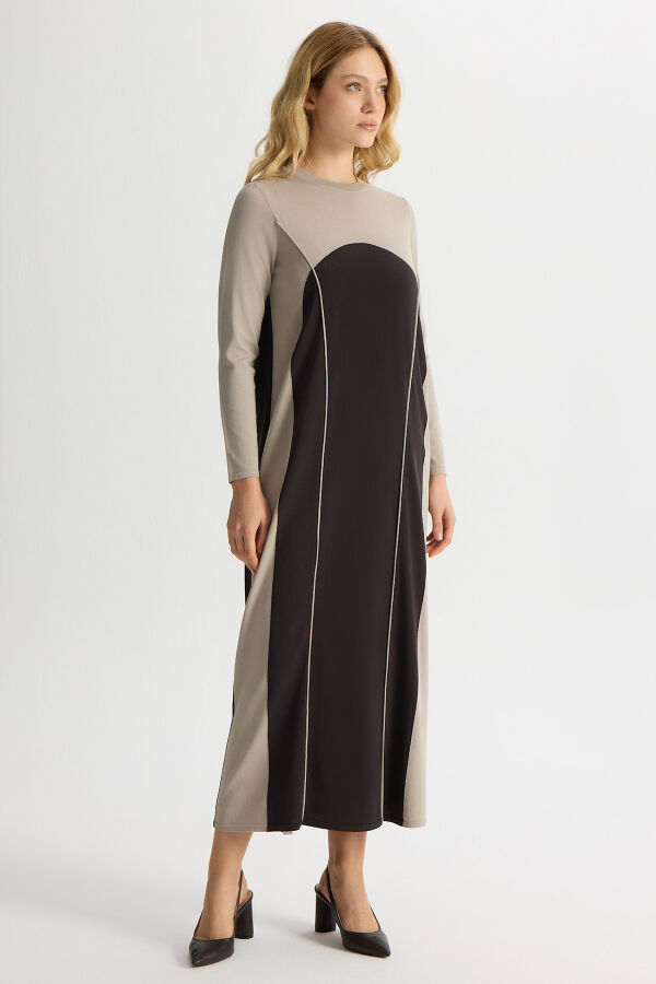 Renk Bloklu Yuvarlak Yaka Triko Elbise Kahverengi Pudra - 2