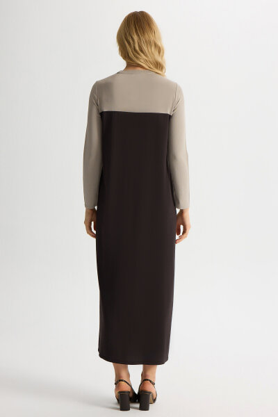 Renk Bloklu Yuvarlak Yaka Triko Elbise Kahverengi Pudra - 3