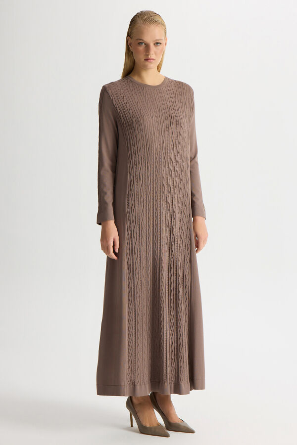 Saç Örgülü Düz Renk Elbise Kahverengi Pudra - 1