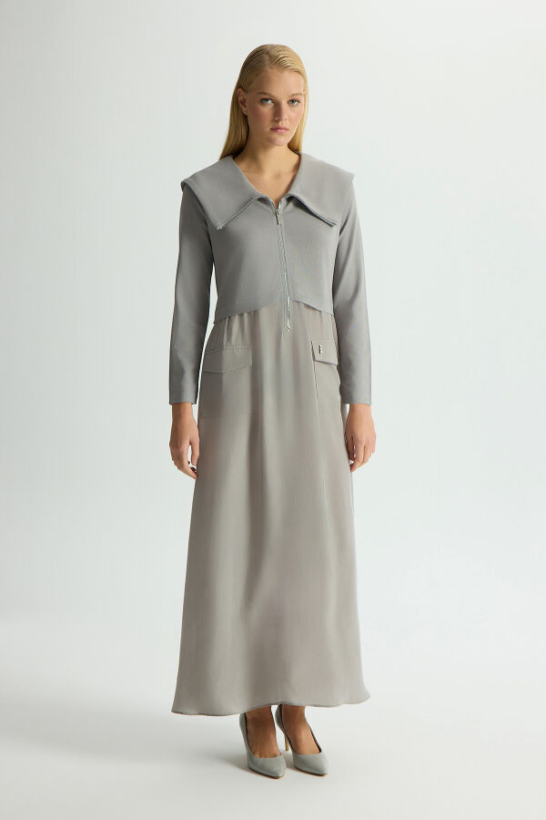 Zipper Detailed High Collar Cupro Dress - 1
