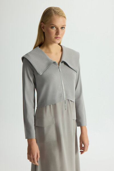 Zipper Detailed High Collar Cupro Dress - 3