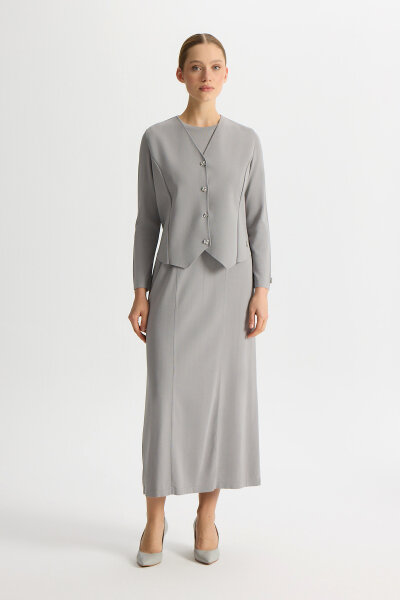 Düz Renk Rahat Kalıp Elbise Gri - 4