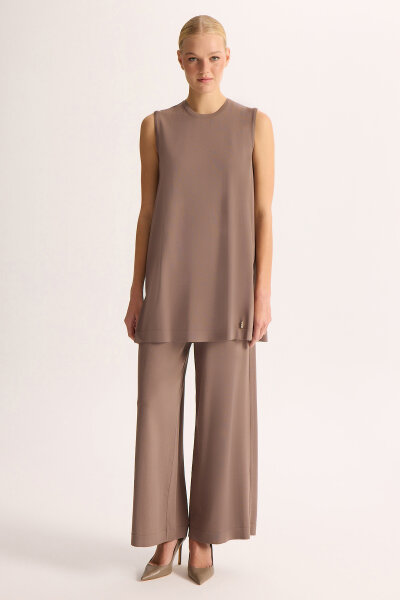 Basic Kolsuz Triko Tunik Kahverengi Pudra 