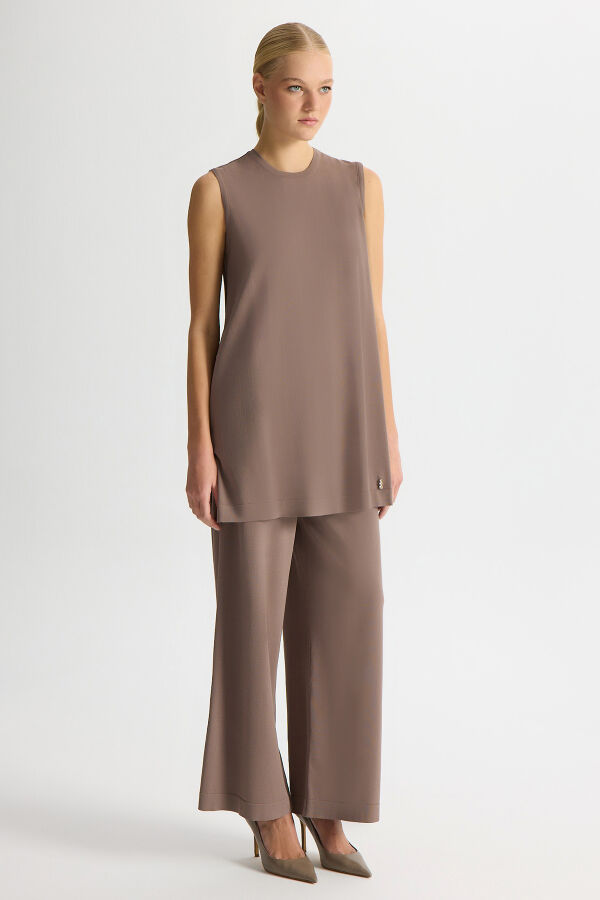 Basic Kolsuz Triko Tunik Kahverengi Pudra - 2