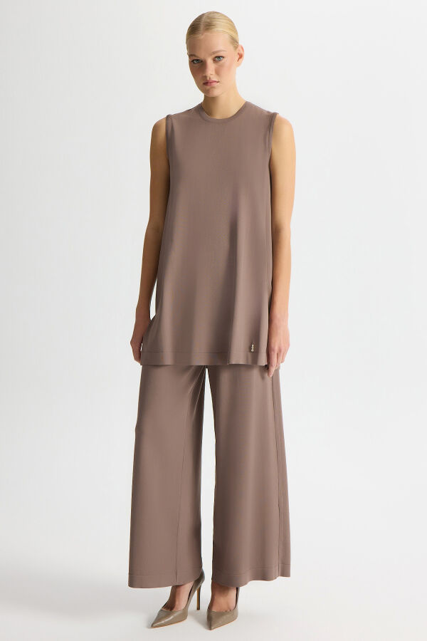 Basic Kolsuz Triko Tunik Kahverengi Pudra - 3